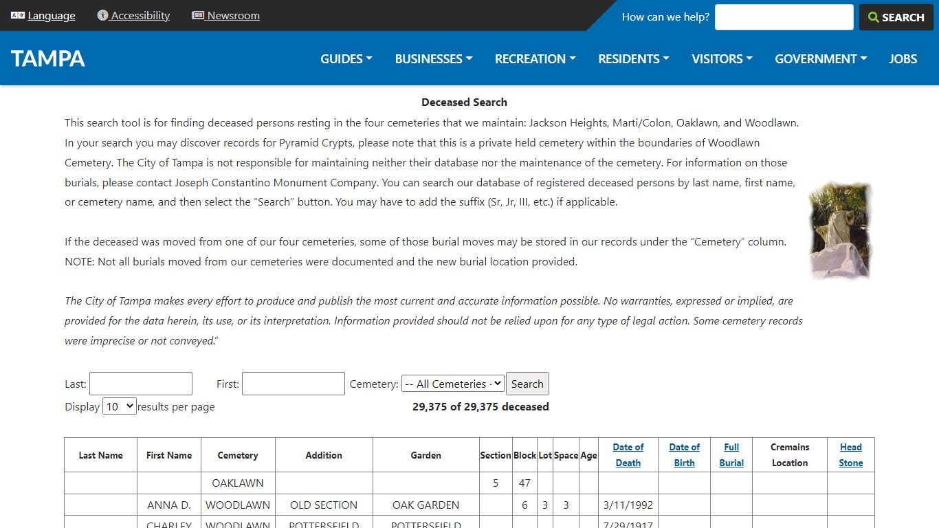 Deceased Search - City of Tampa